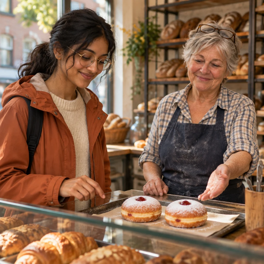 Renate gestures toward the two doughnuts as Priya considers which one she will take.