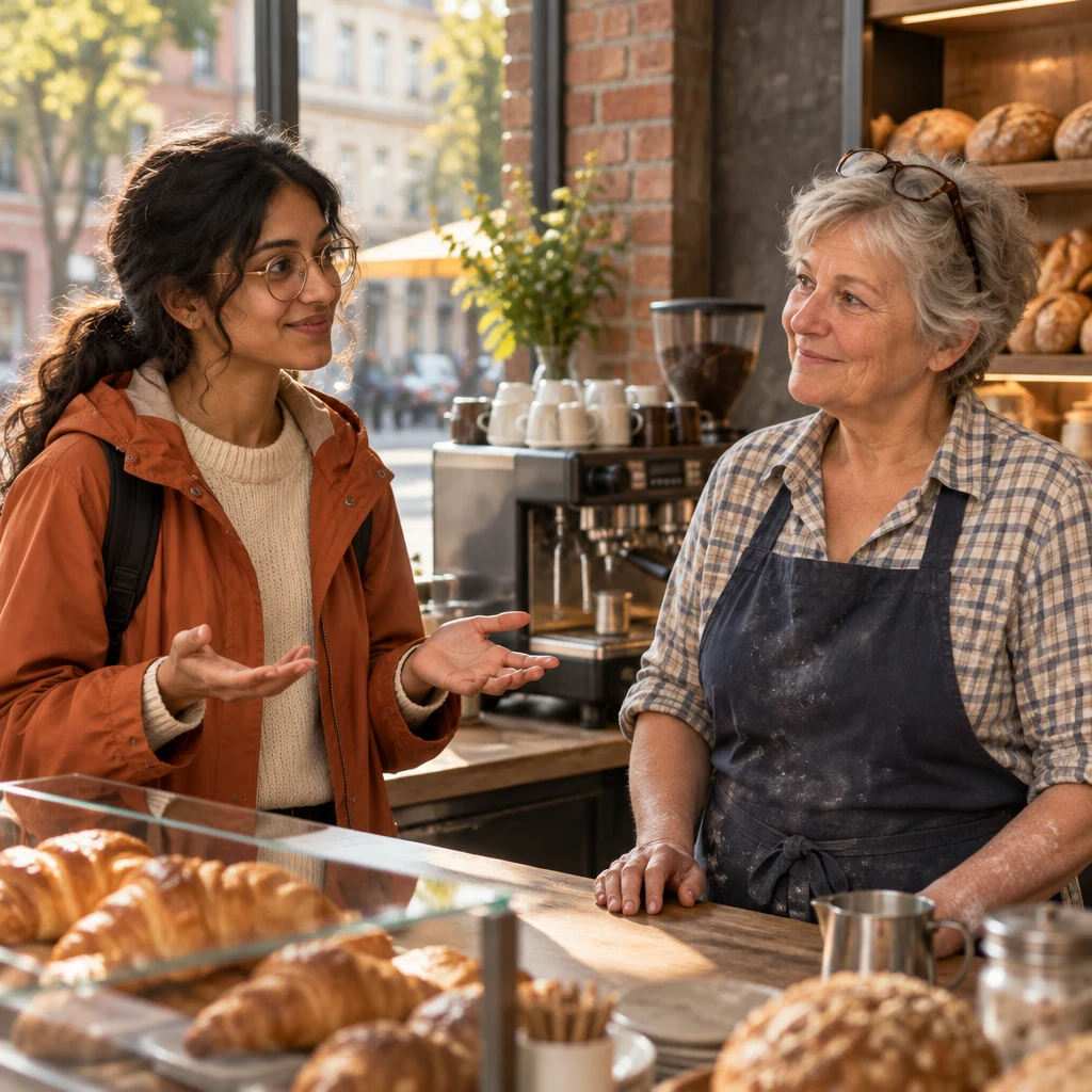 Priya opens her palms toward Renate, asking her to put the remark another way.
