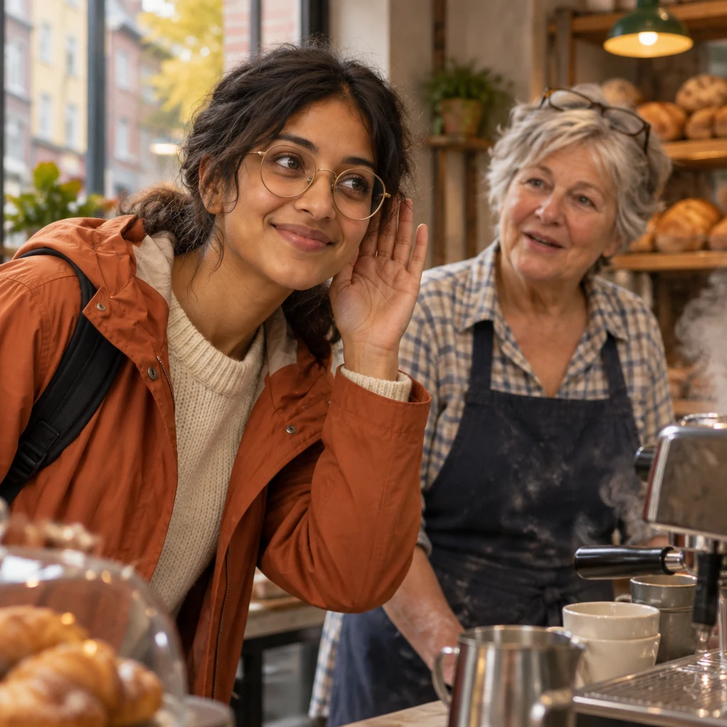 Priya leans toward Renate and asks her to speak up over the coffee machine.