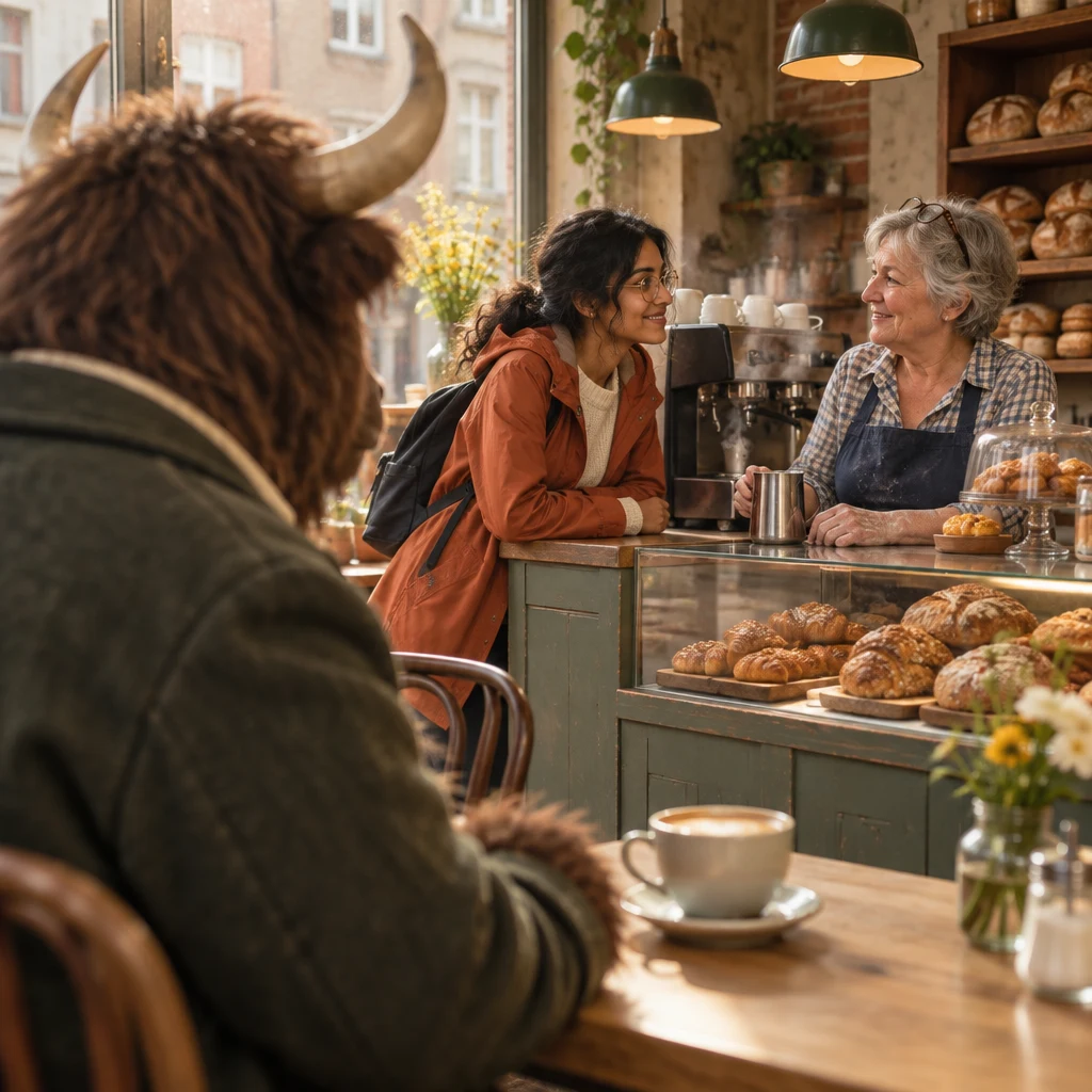 Anton turns toward Priya and Renate at the counter, trying to catch their conversation over the hiss.