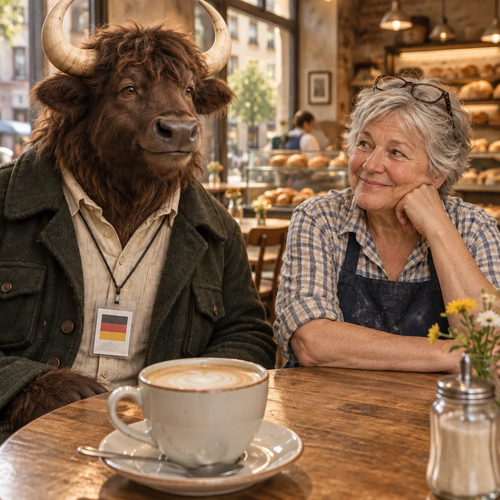 Anton looks puzzled beside his still-full Milchkaffee after missing Renate's last word.