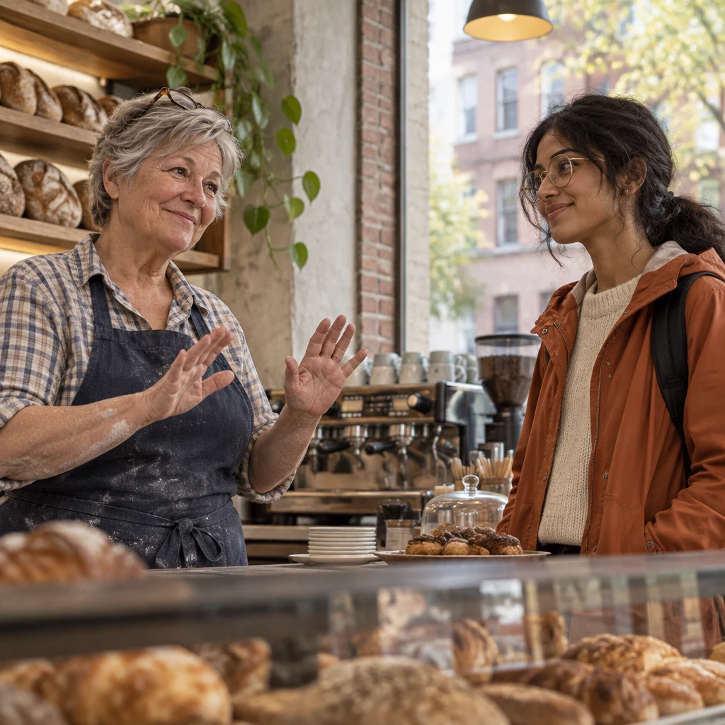 Renate gently corrects Priya with both hands raised while Priya listens at the counter.