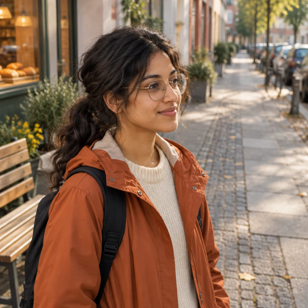 Priya looks down the calm side street with a settled expression.