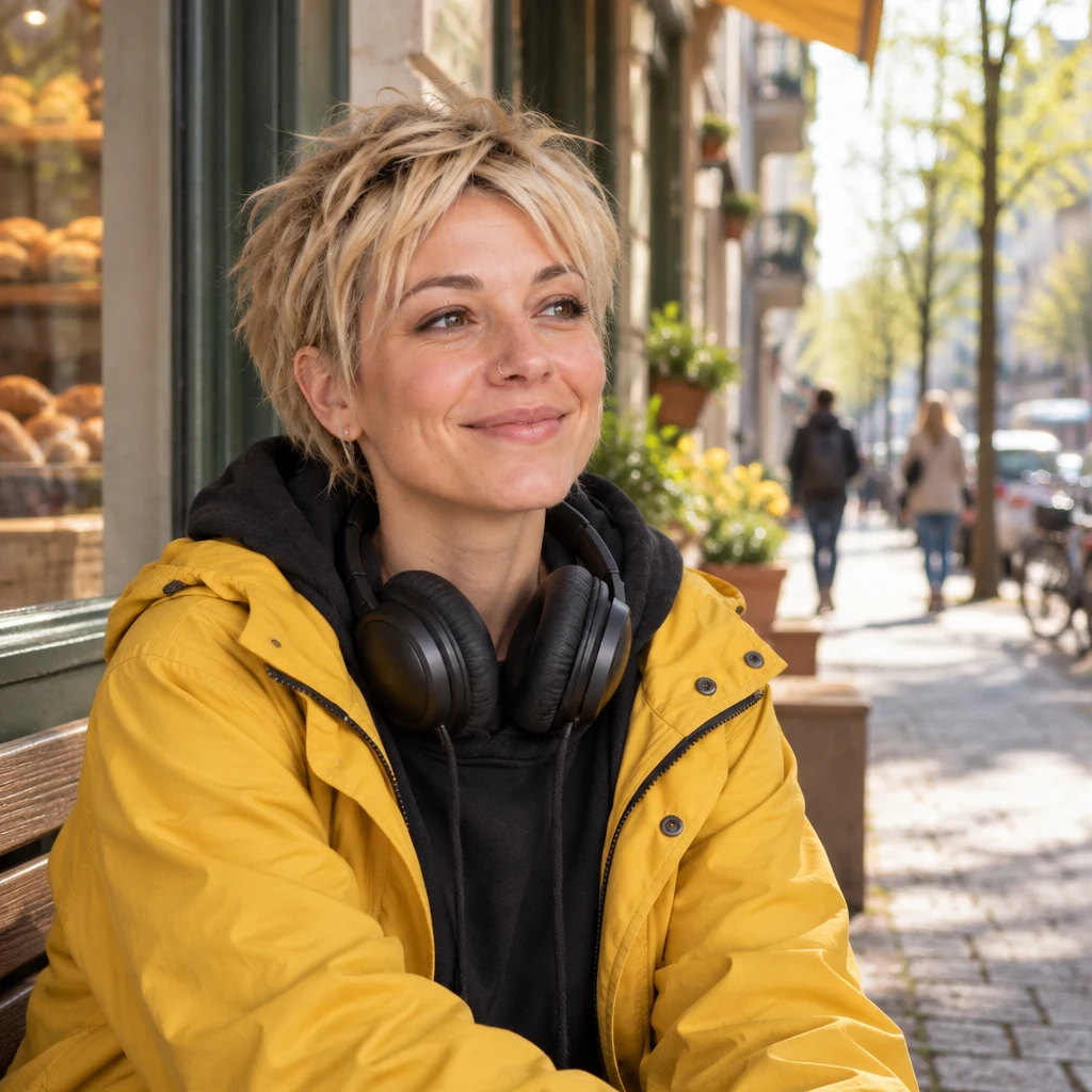 Jule looks toward a livelier stretch of the street with a fond, accepting expression.
