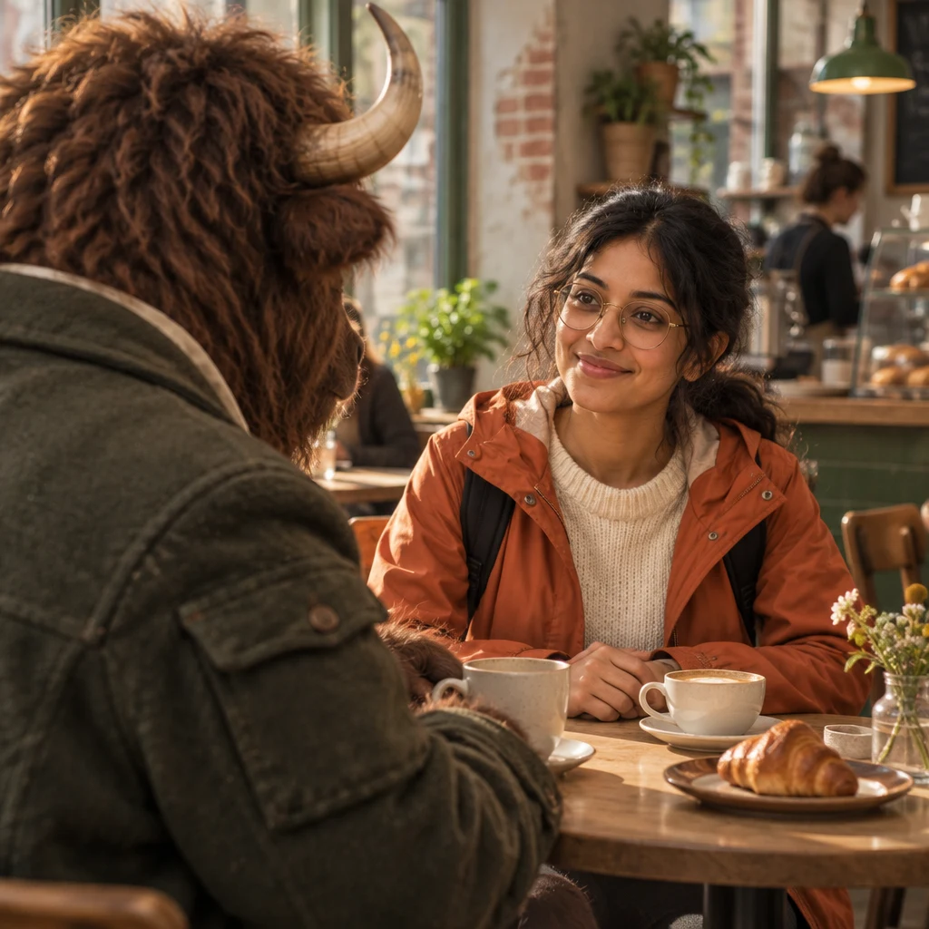 Anton leans toward Priya as he asks about her parents’ work.