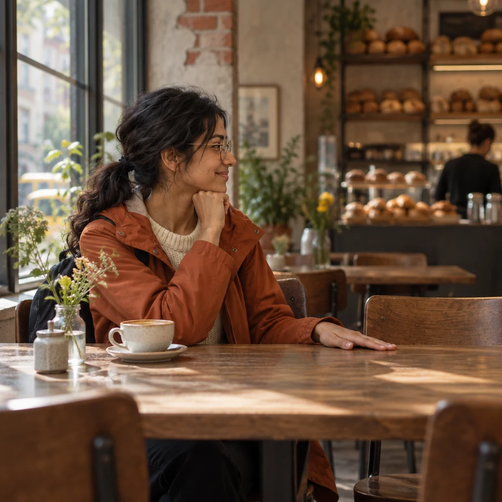 Priya remembers growing up with her sister as she sits beside the bakery window.