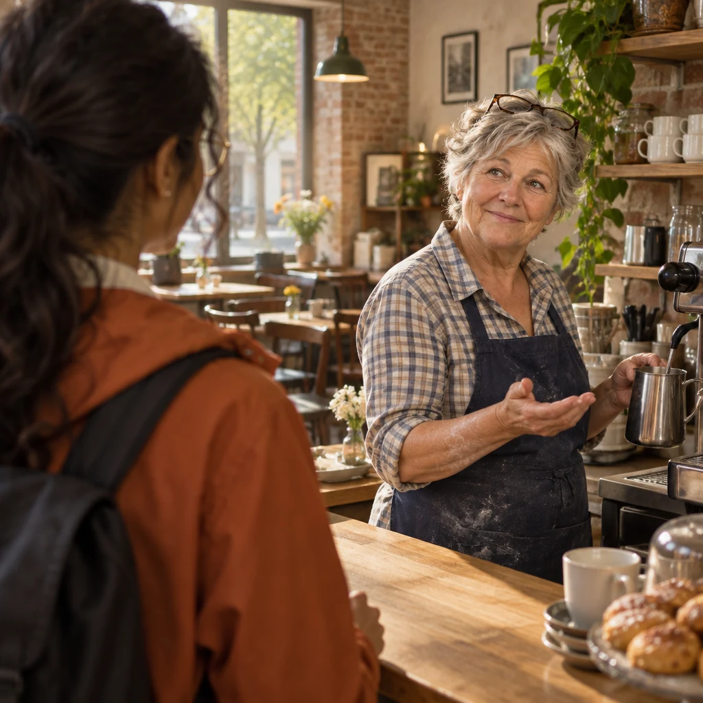 Renate turns toward Priya and lifts a hand in a gentle question.