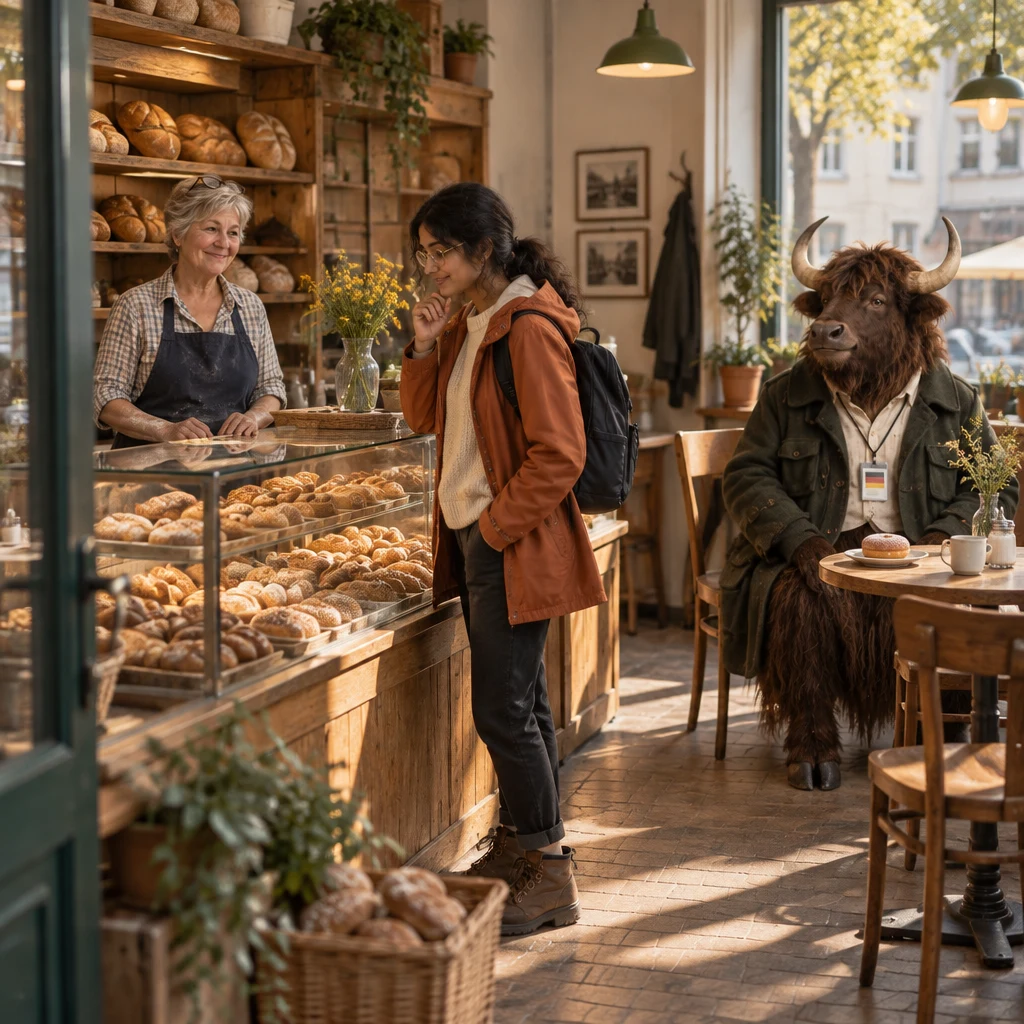 Priya hesitates by the filled-roll shelf while Renate waits at the counter and Anton sits with a Pfannkuchen.