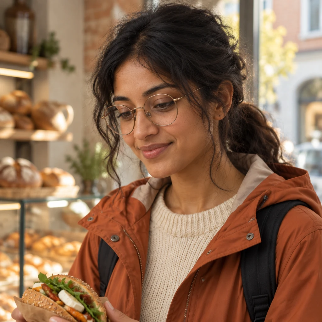 Priya studies the filling in a roll with a thoughtful, uncertain expression.