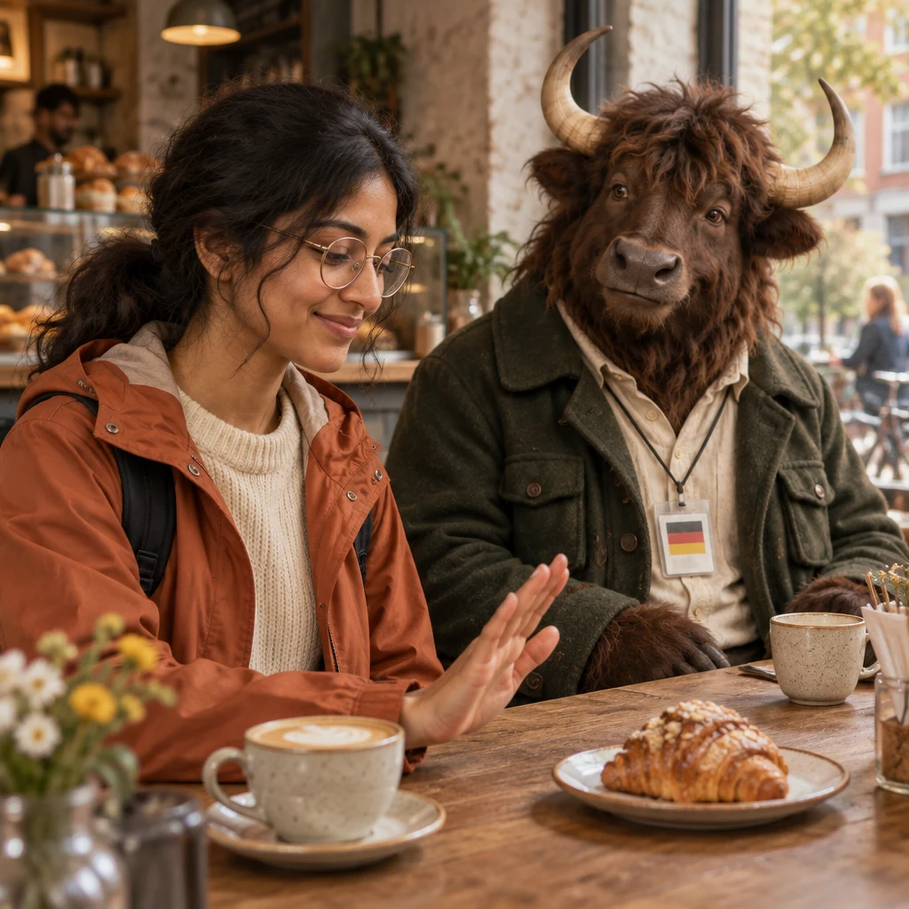 Priya raises an open palm near a nut-topped pastry while Anton watches.