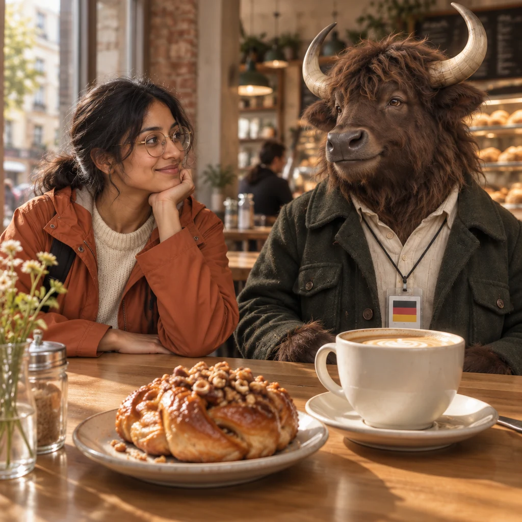 A nut-topped pastry and Anton's full Milchkaffee fill the foreground as Anton nods to Priya in the background.
