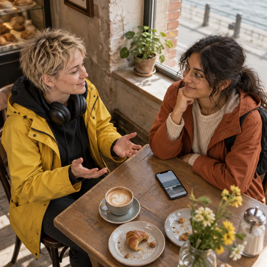 Jule opens her hands in a reassuring gesture while Priya listens across the table.