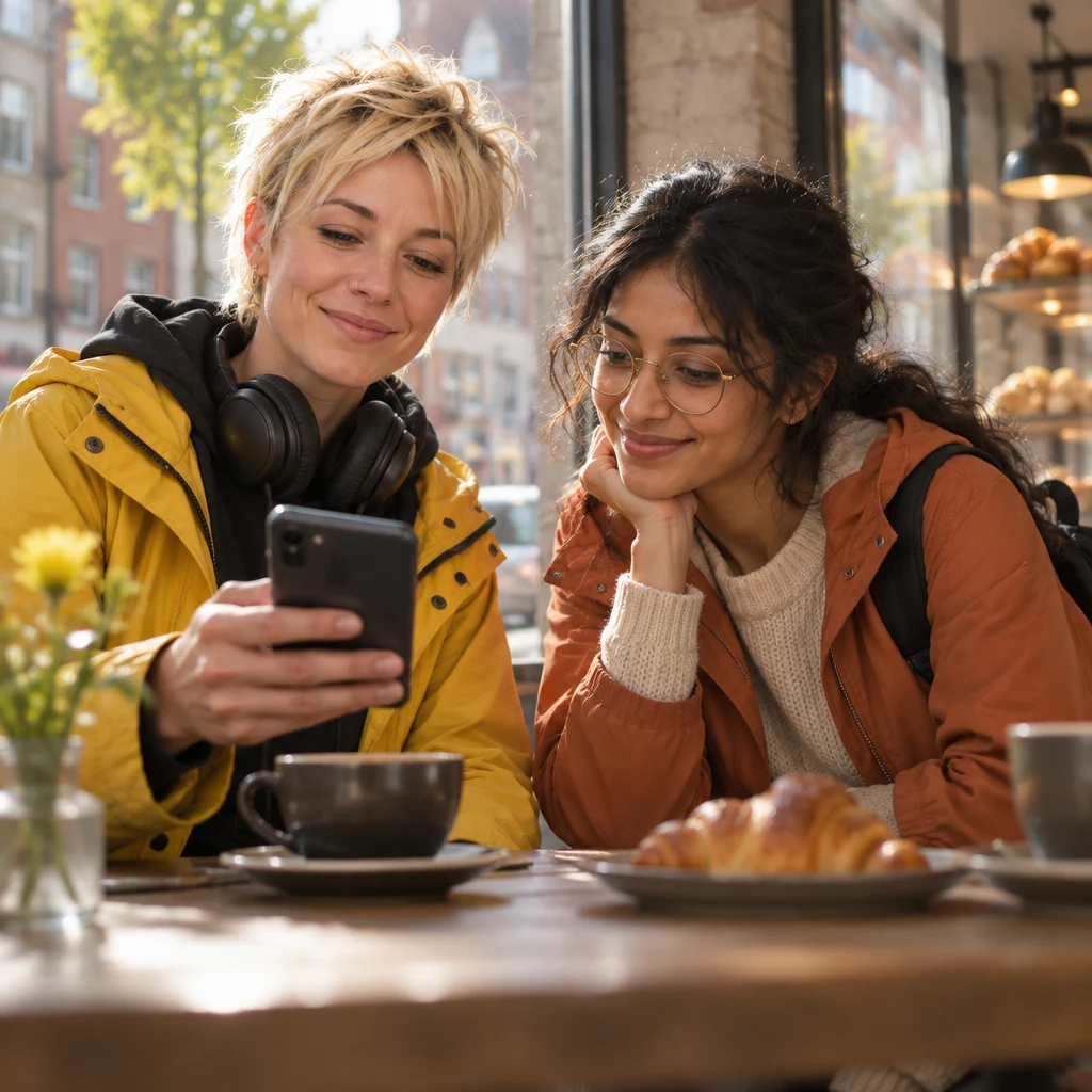 Priya leans toward the sea image with eager interest as Jule smiles and turns the phone back to her.