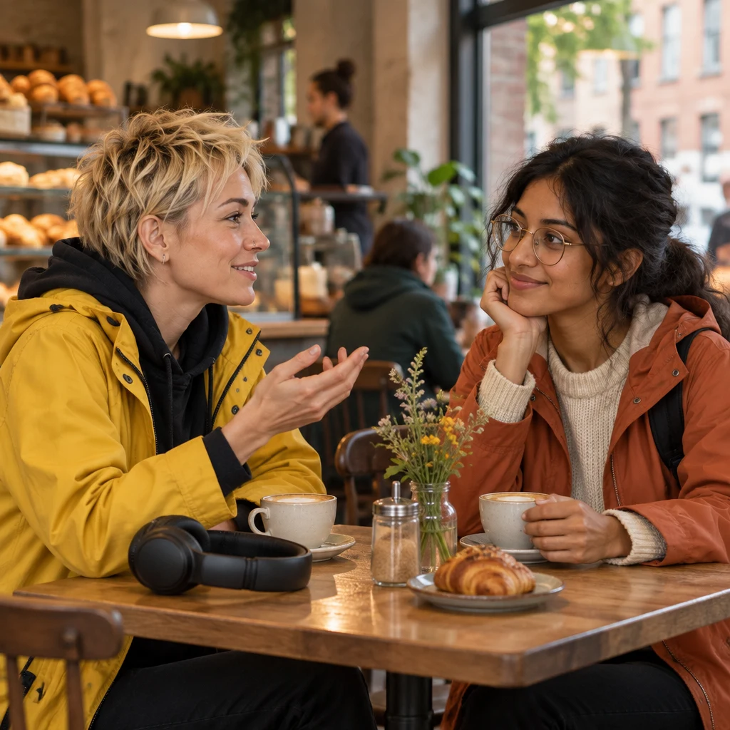Jule leans forward with a recalling gesture while Priya listens at the table.