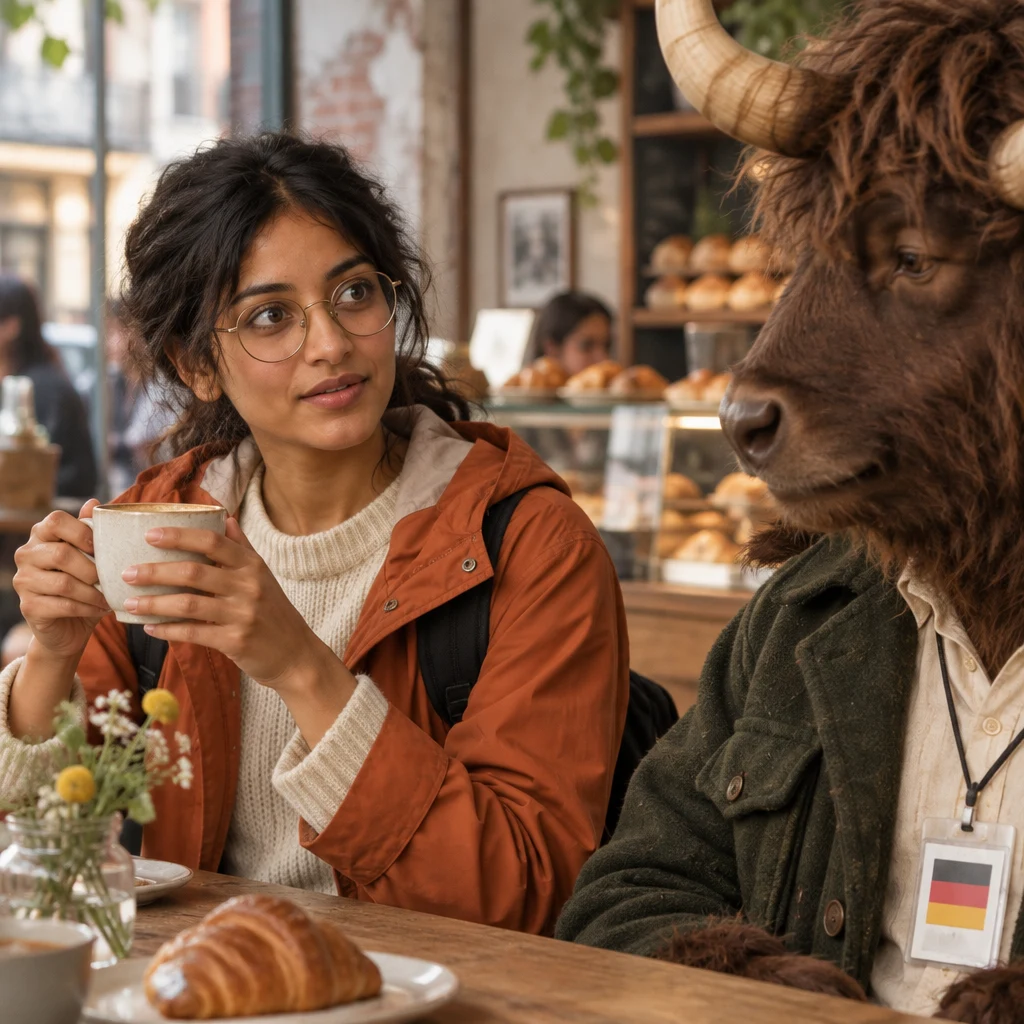 Priya pauses with her coffee cup, surprised by Anton’s memory.