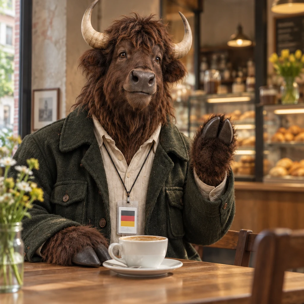 Anton lifts a foreleg cautiously beside his unfinished Milchkaffee.