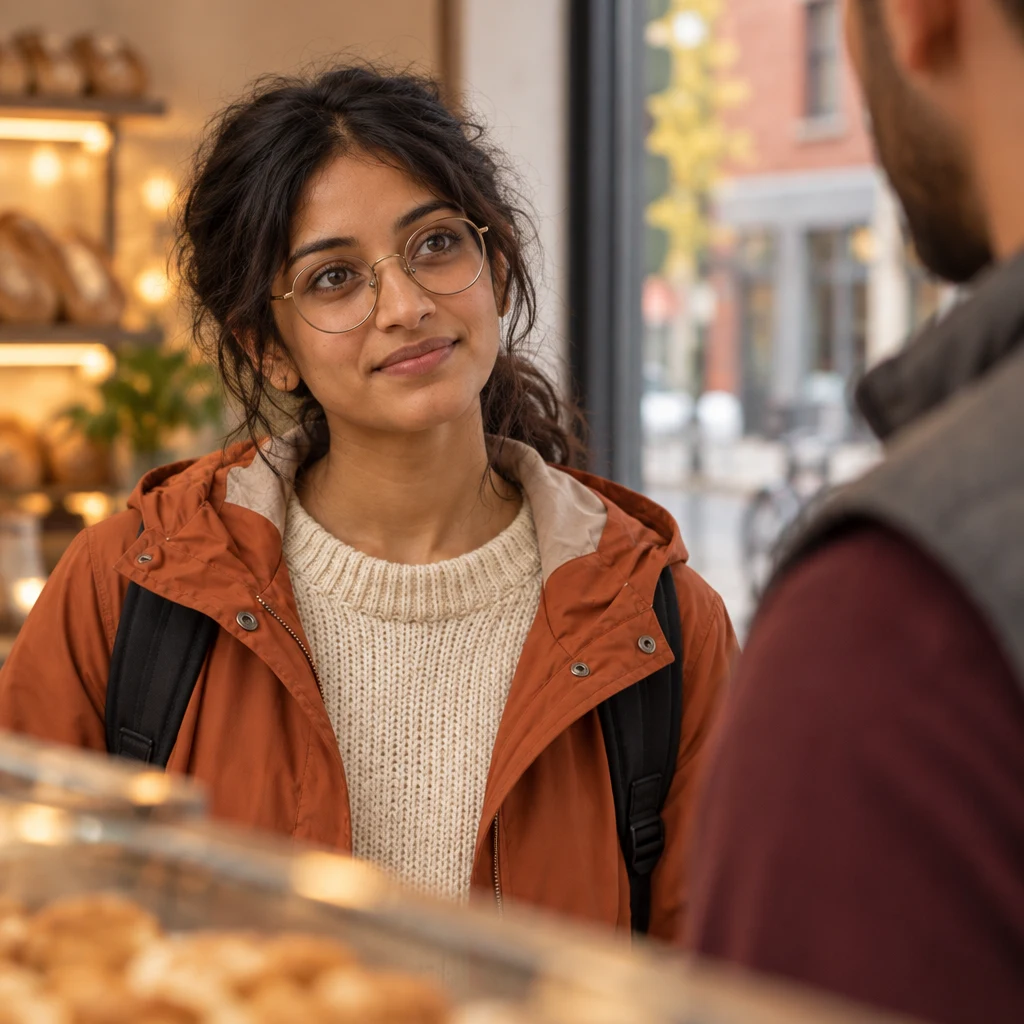Priya pauses with a thoughtful, doubtful look as she considers Deniz's claim.