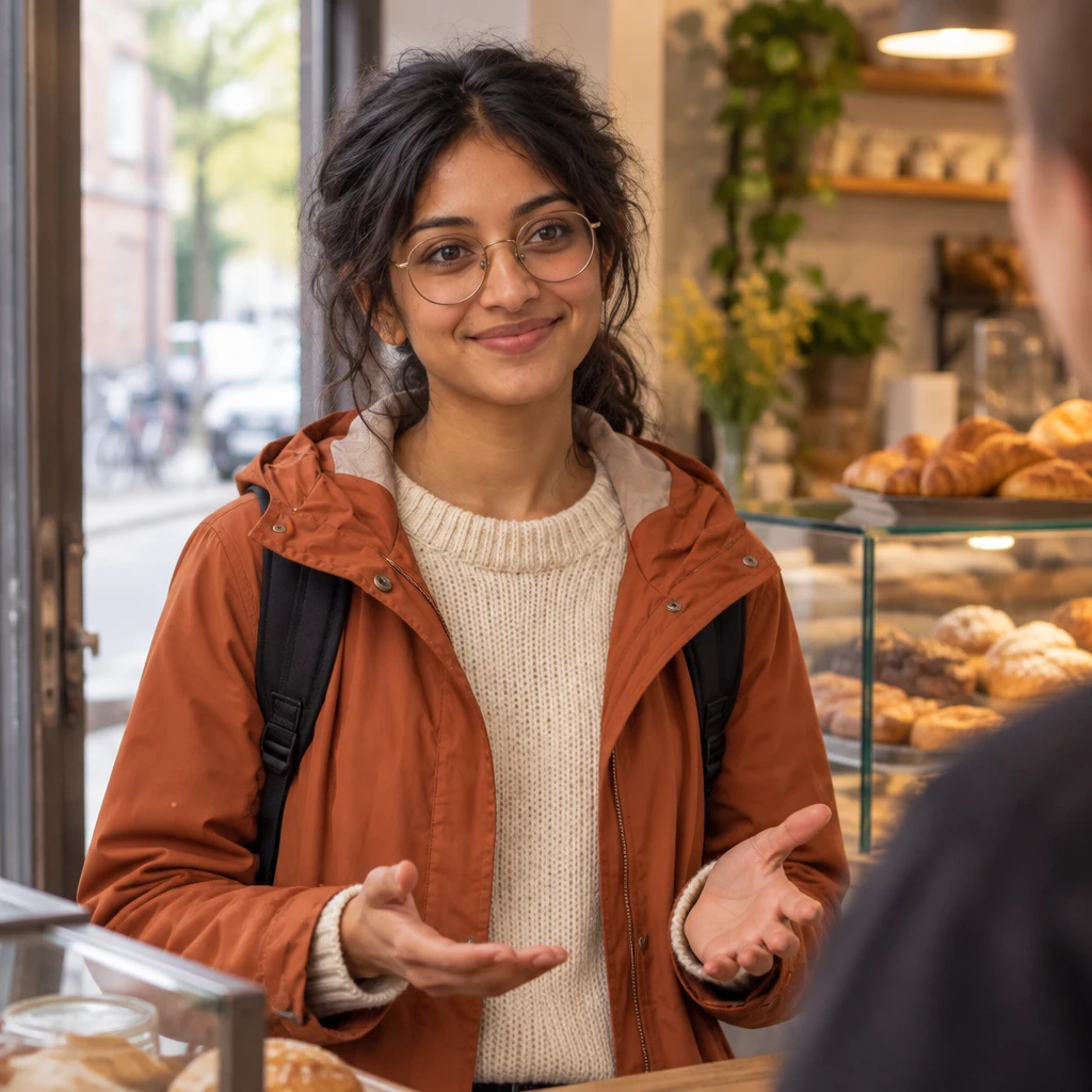 Priya pauses just inside the door and answers a friendly greeting with an open, relaxed gesture.