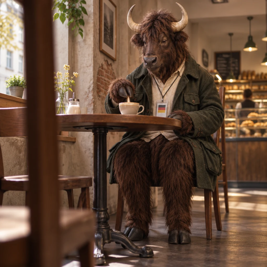 Anton looks down at his untouched Milchkaffee, his raised hoof hovering as his thought slips away.