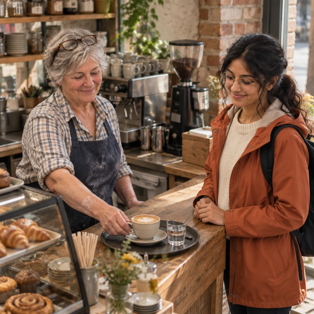 Renate gives Priya a small confirming nod as she reaches toward a waiting coffee.