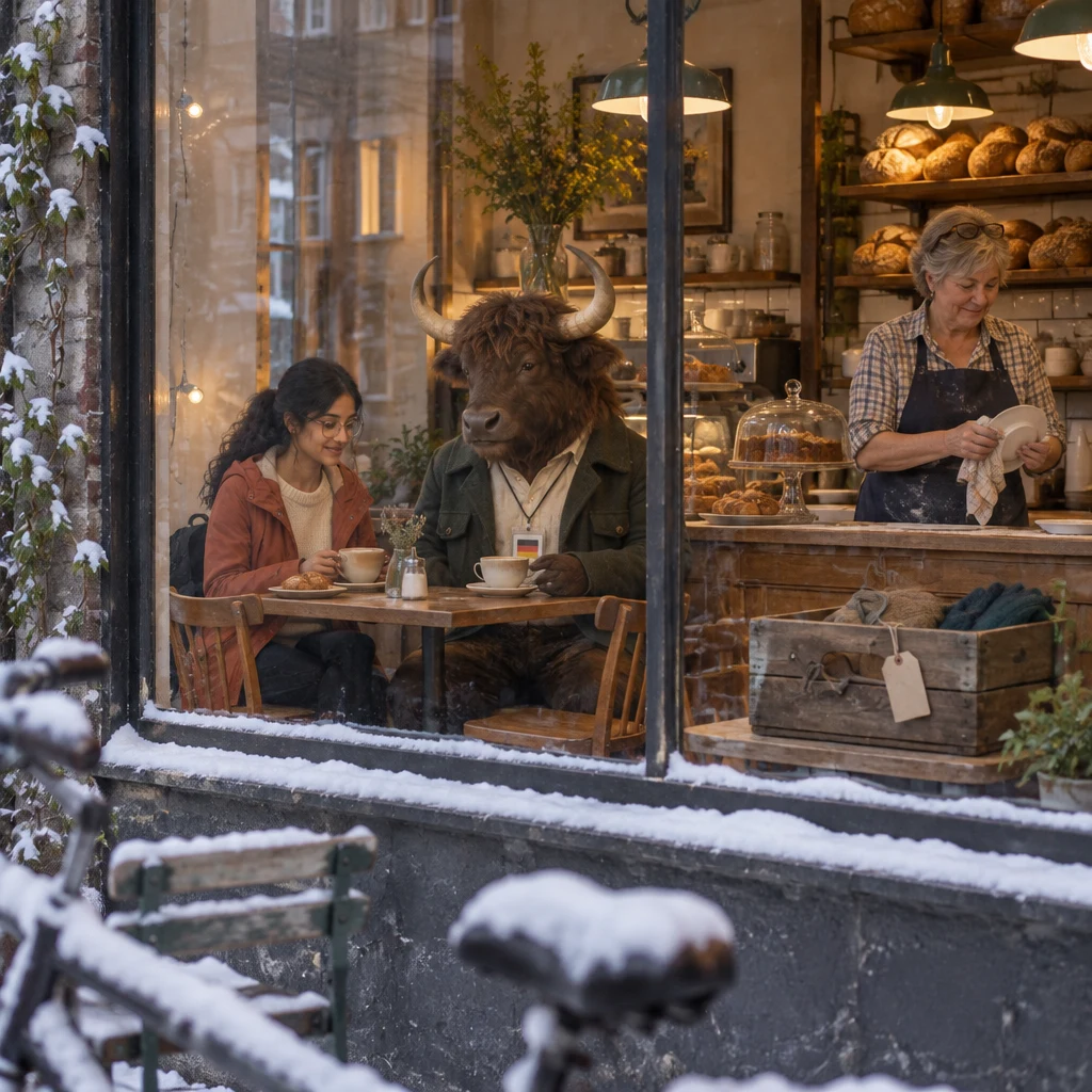 A quiet snowy Sunday bakery holds Priya and Anton at the corner table while Renate wipes a plate behind the counter.