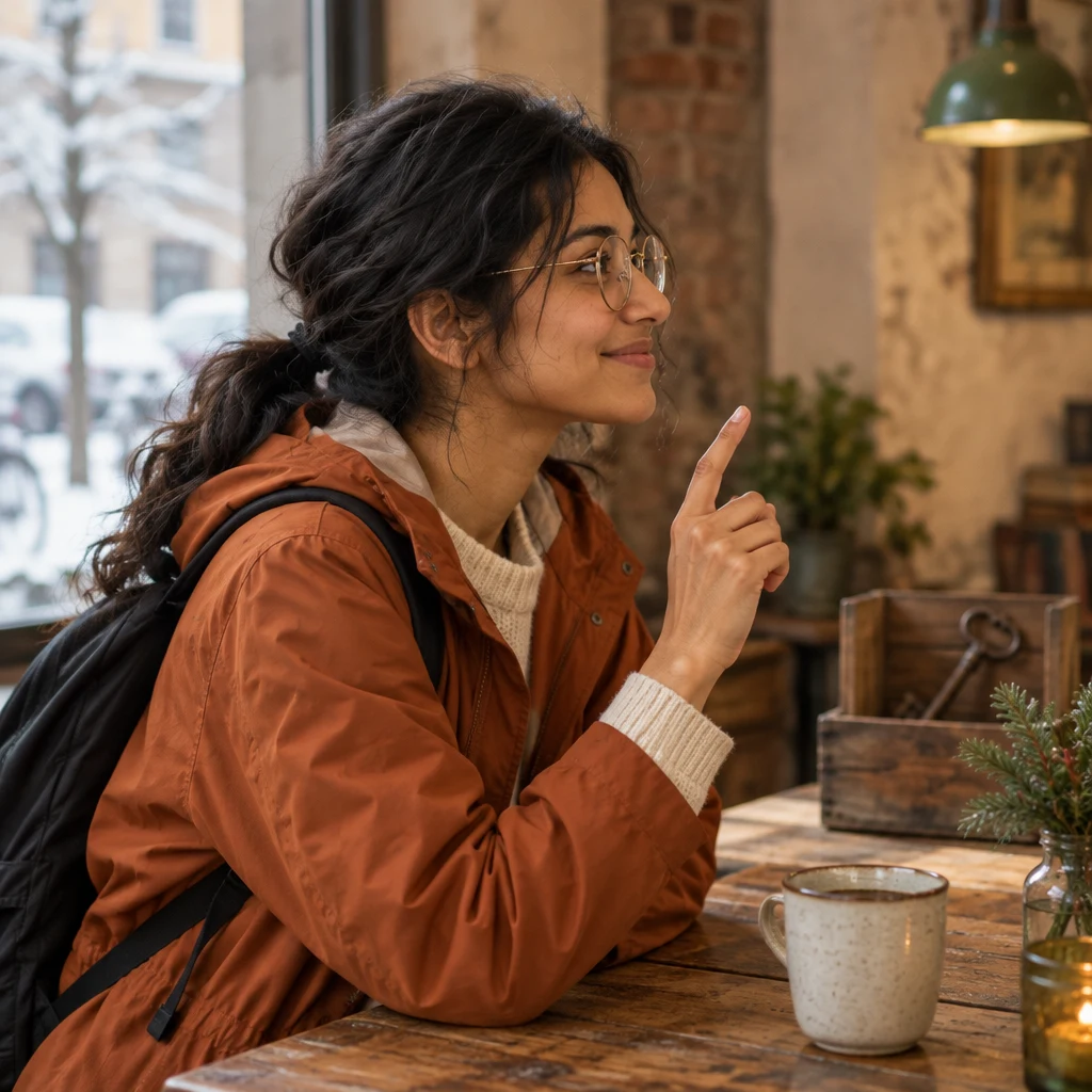 Priya pauses in profile with one finger raised as a new thought comes to her.