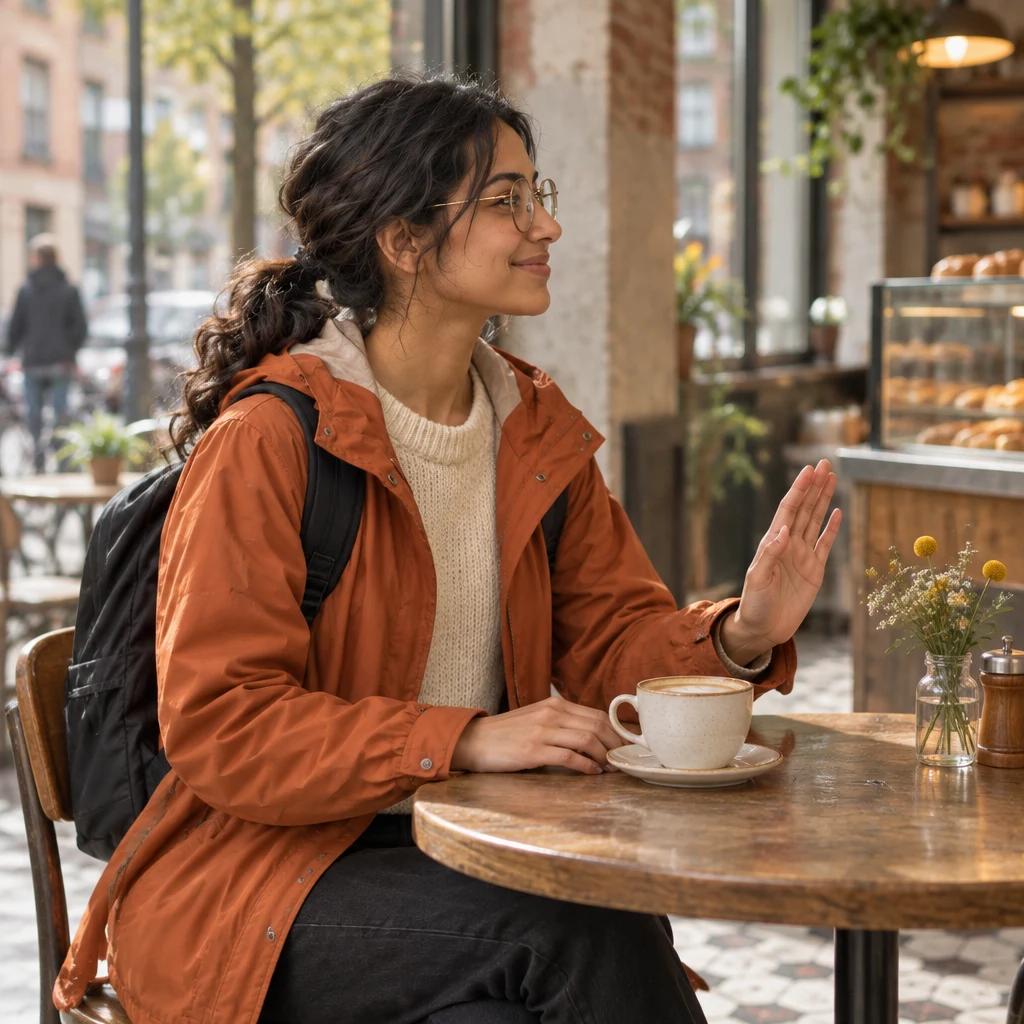 Priya turns from the cafe table and makes a patient gesture suggesting that the discussion can wait.