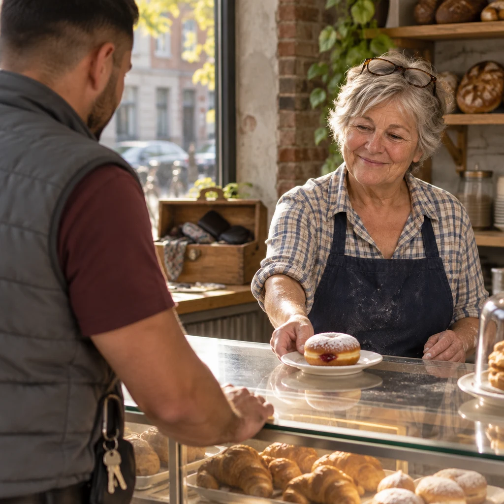 Renate redirects attention toward a jam doughnut by sliding its plate forward across the counter.
