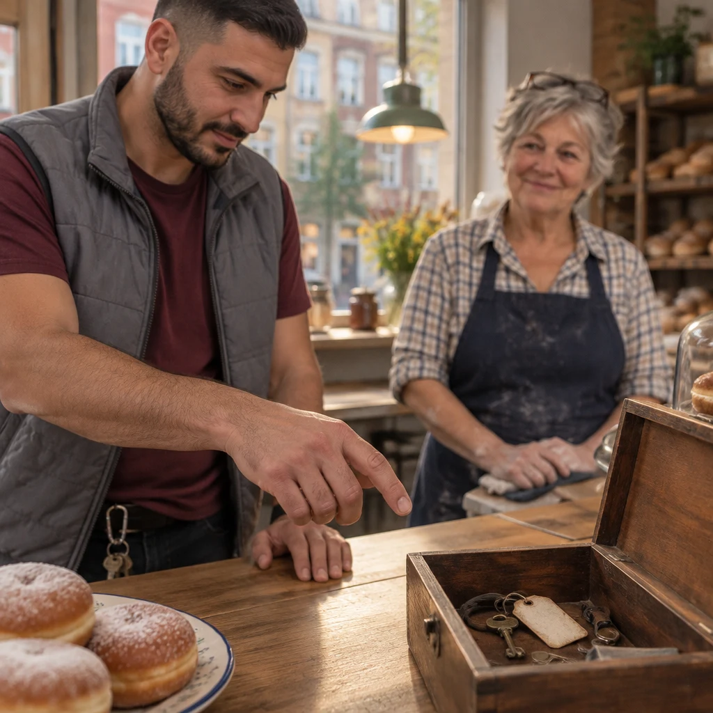 Deniz gestures toward the old key and its faded tag despite Renate having redirected attention to the doughnut.