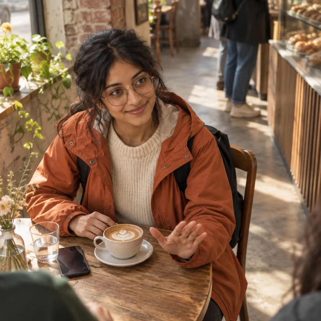 Priya leans forward and gently lowers an open hand to discourage further details about the key.