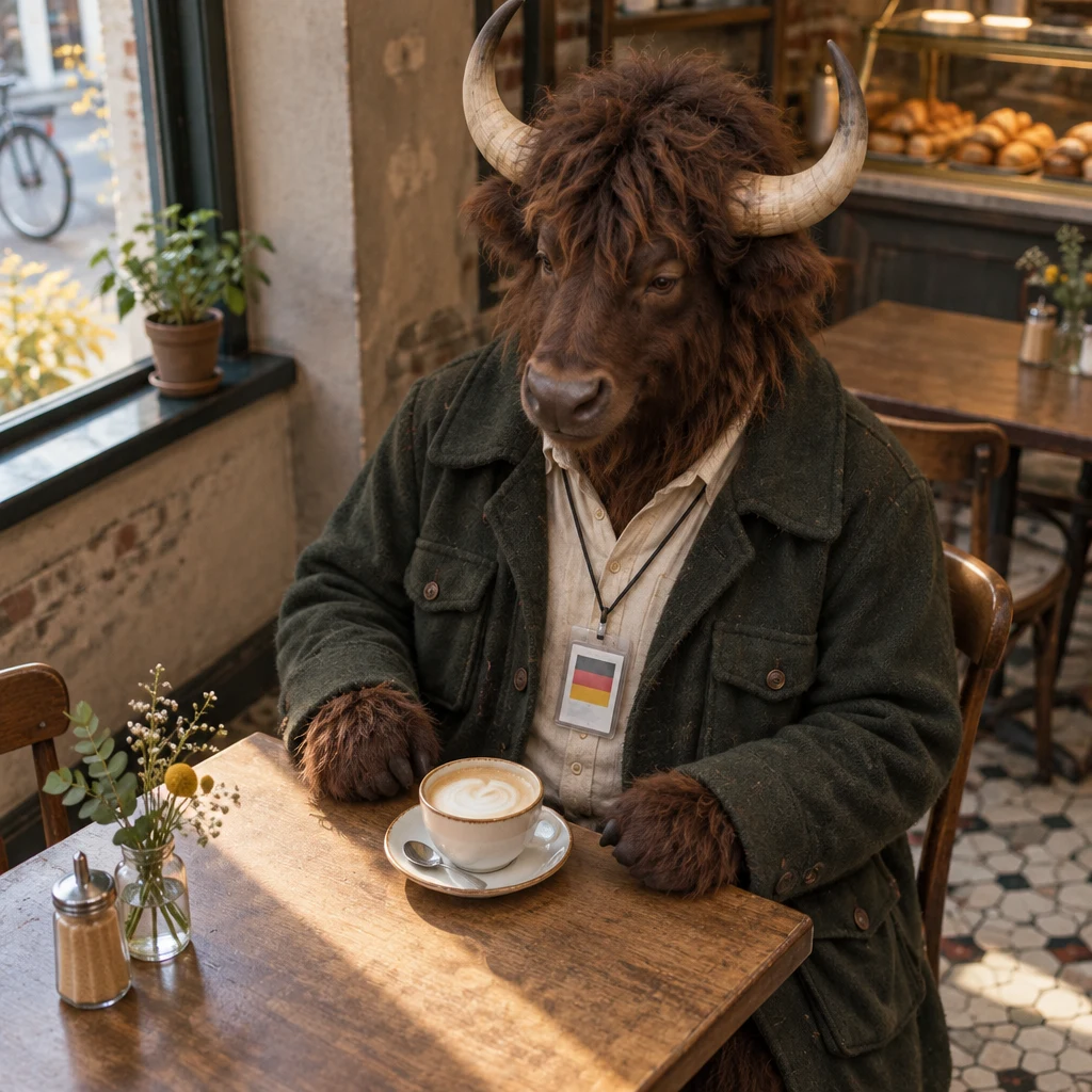 Anton looks down at his full Milchkaffee and pauses at the corner table.