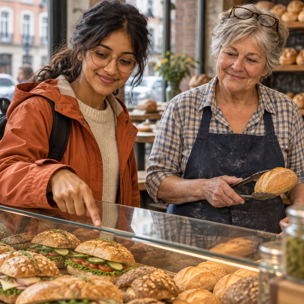 Priya points through the display glass toward a filled roll while Renate waits beside the counter.