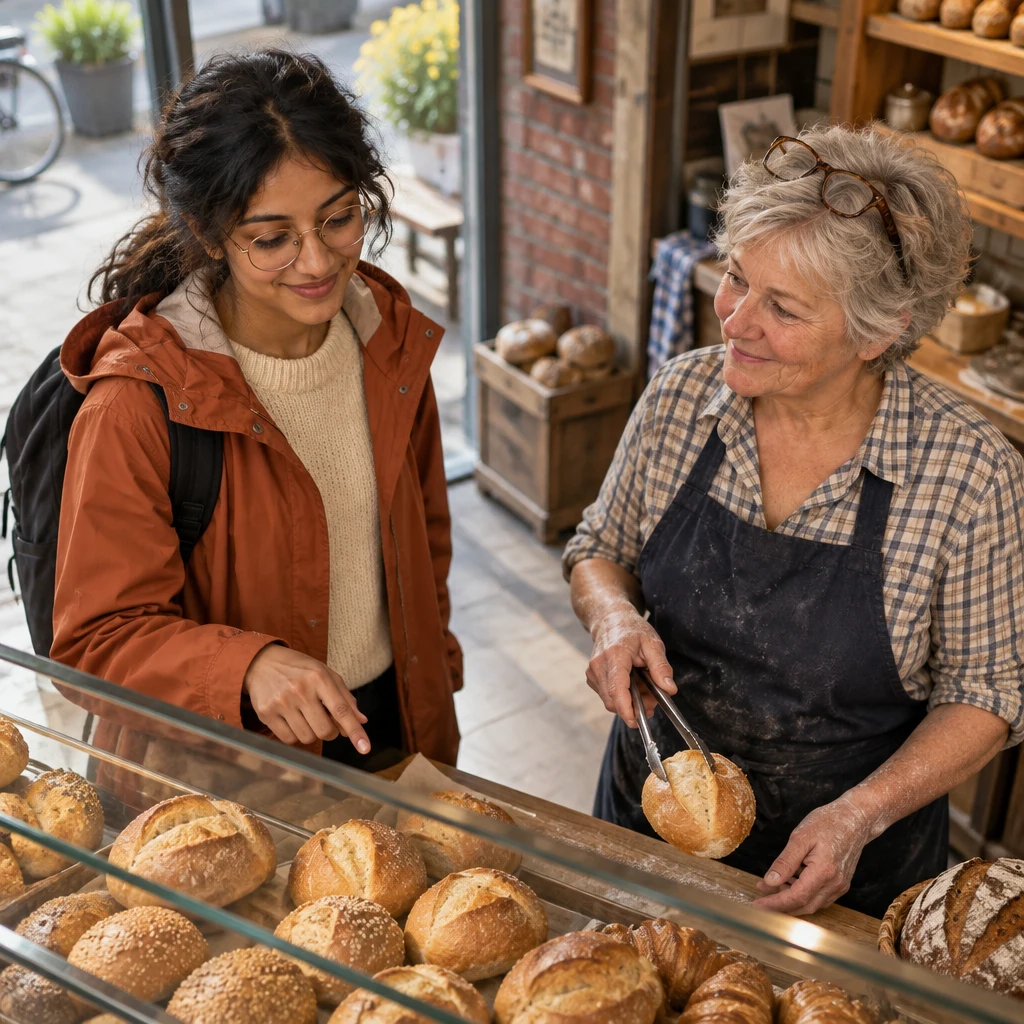 Priya clarifies that the roll is for breakfast while Renate continues to wait with the Schrippe in her tongs.