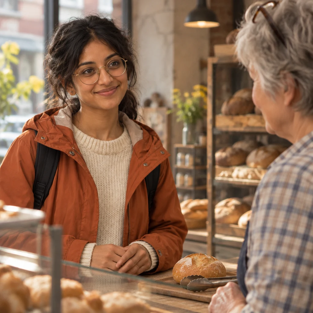 Priya gives a small appreciative nod and lowers her hands to show that her order is complete.