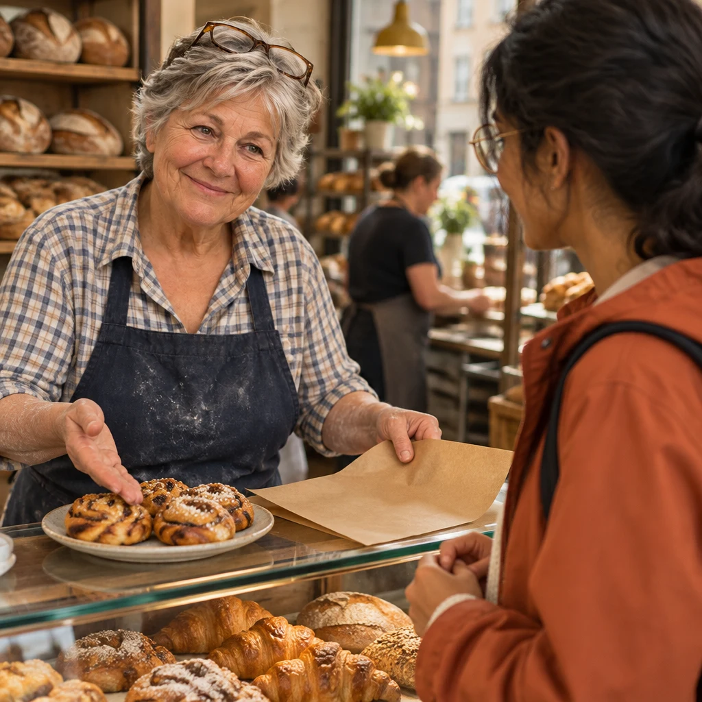 Renate leans toward Priya at the counter with an expectant gesture between the plate and the wrapping paper.