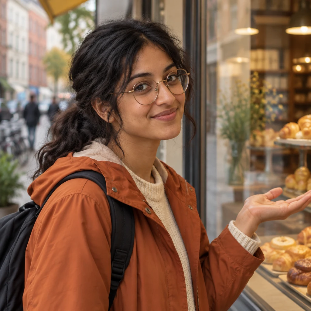 Priya tilts her head with a calm questioning expression as she checks whether the place is nearby.