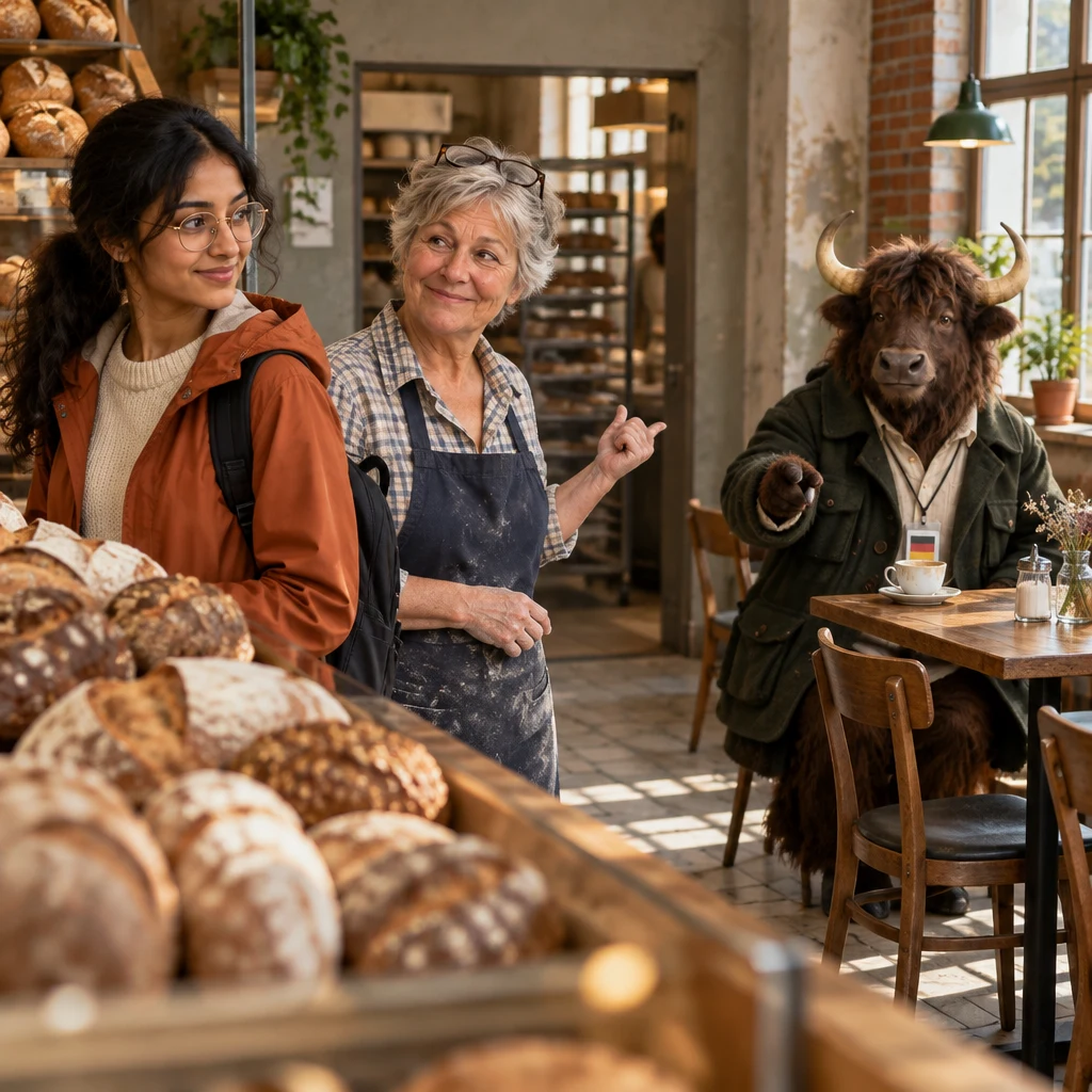 Priya looks from the bread shelf back to Renate as Renate redirects her toward the rear passage and Anton points at the bread.