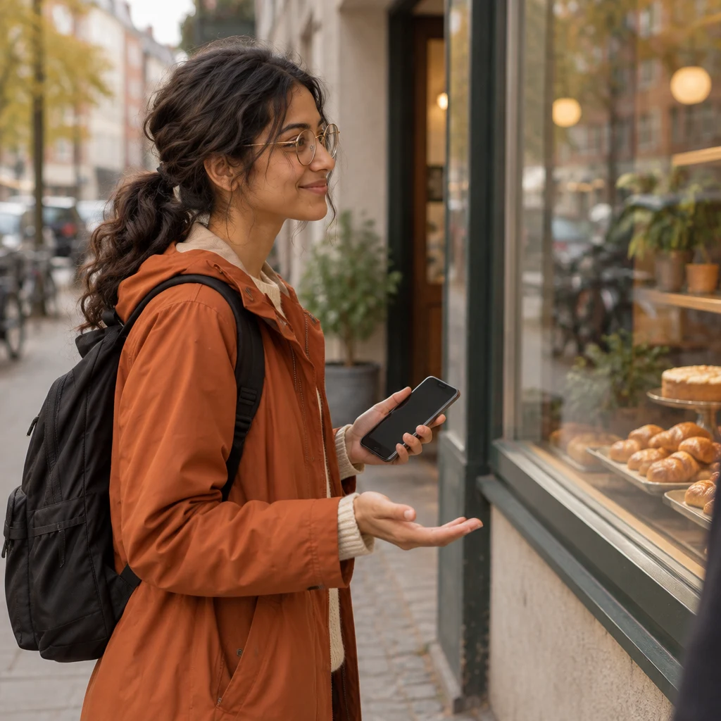 Priya stands by the bakery window and makes a gentle palm-forward gesture as she checks her phone.