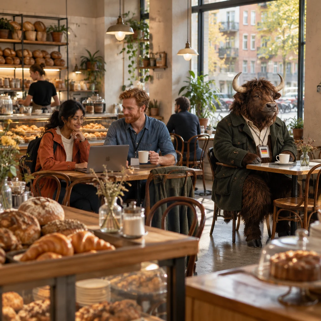 Priya and Jonas settle at a small bakery table with an open laptop while Anton sits at a corner table beside an untouched coffee.