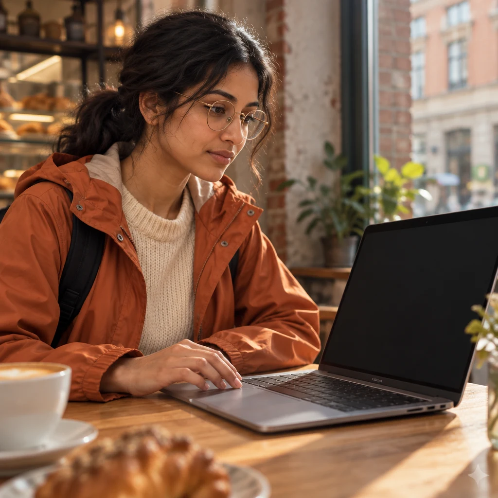 Priya taps the trackpad while the laptop remains stalled on a blank display.