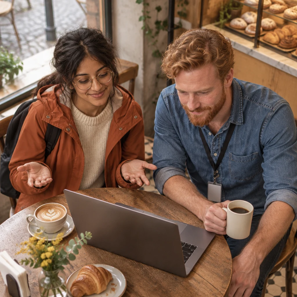 Priya opens both hands in uncertainty while Jonas prepares to check the laptop.