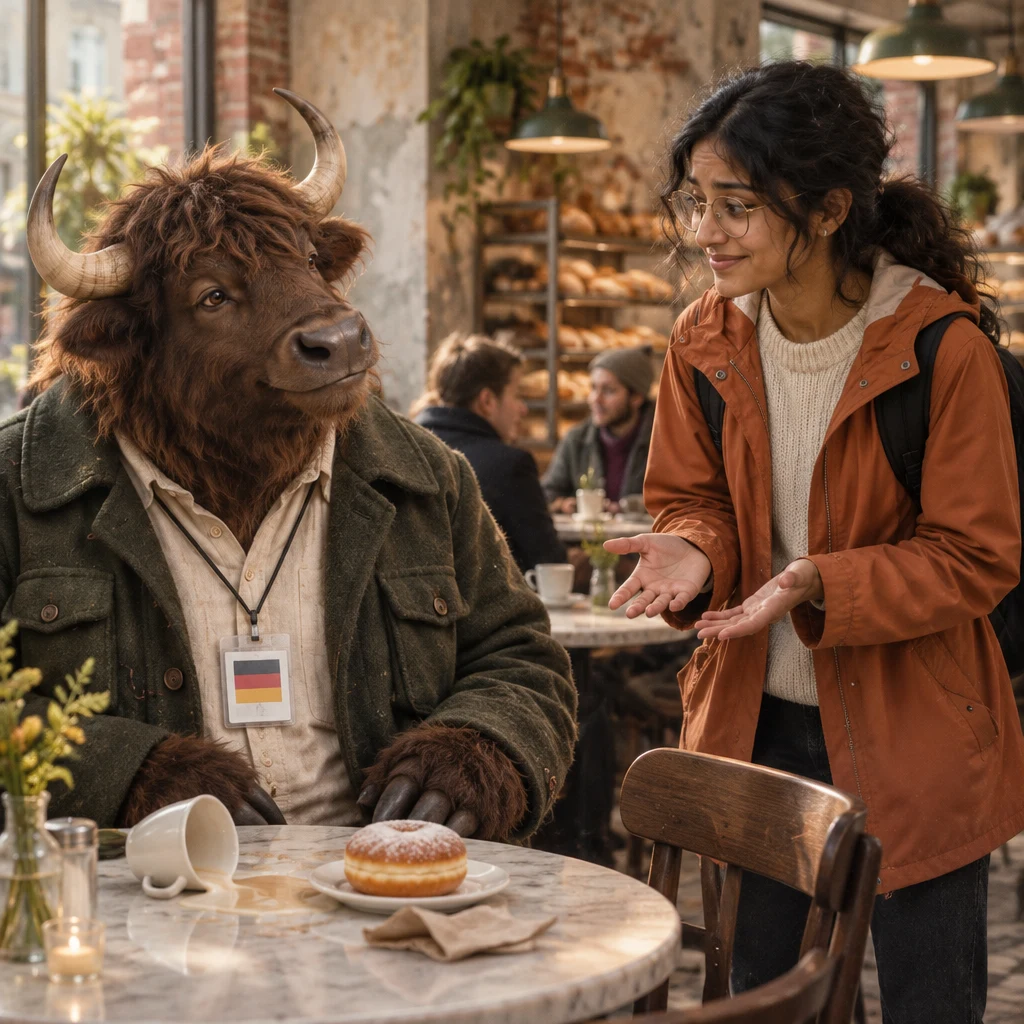 Priya apologizes with open hands while Anton listens across the corner table.