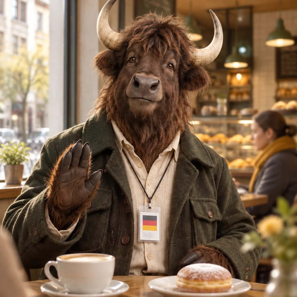 Anton calmly waves away Priya’s concern beside his coffee and Pfannkuchen.
