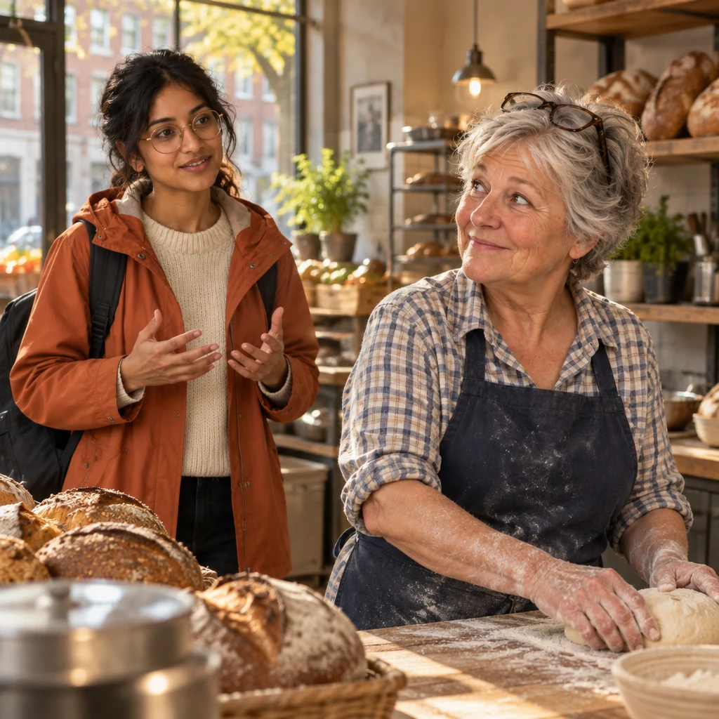 Renate looks up from the counter as Priya draws a breath to continue explaining.