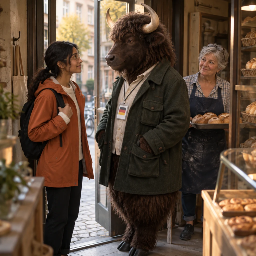 Priya and Anton both pause after offering each other the way through while Renate waits behind them with her tray.