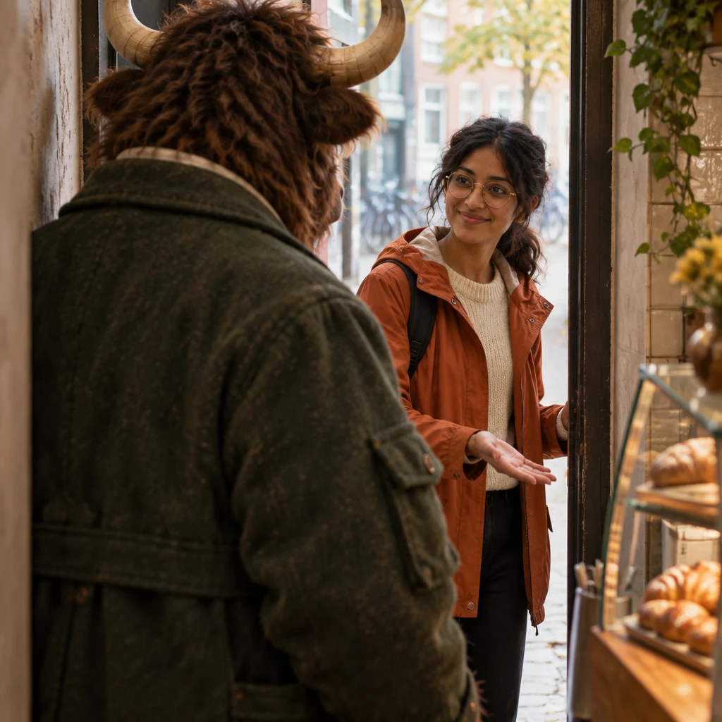Anton waits in the doorway as Priya gestures for him to go ahead.