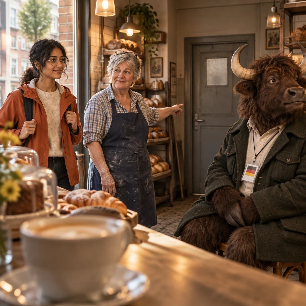 Anton looks toward the shut side door as Renate gestures to it, with Priya inside the bakery.