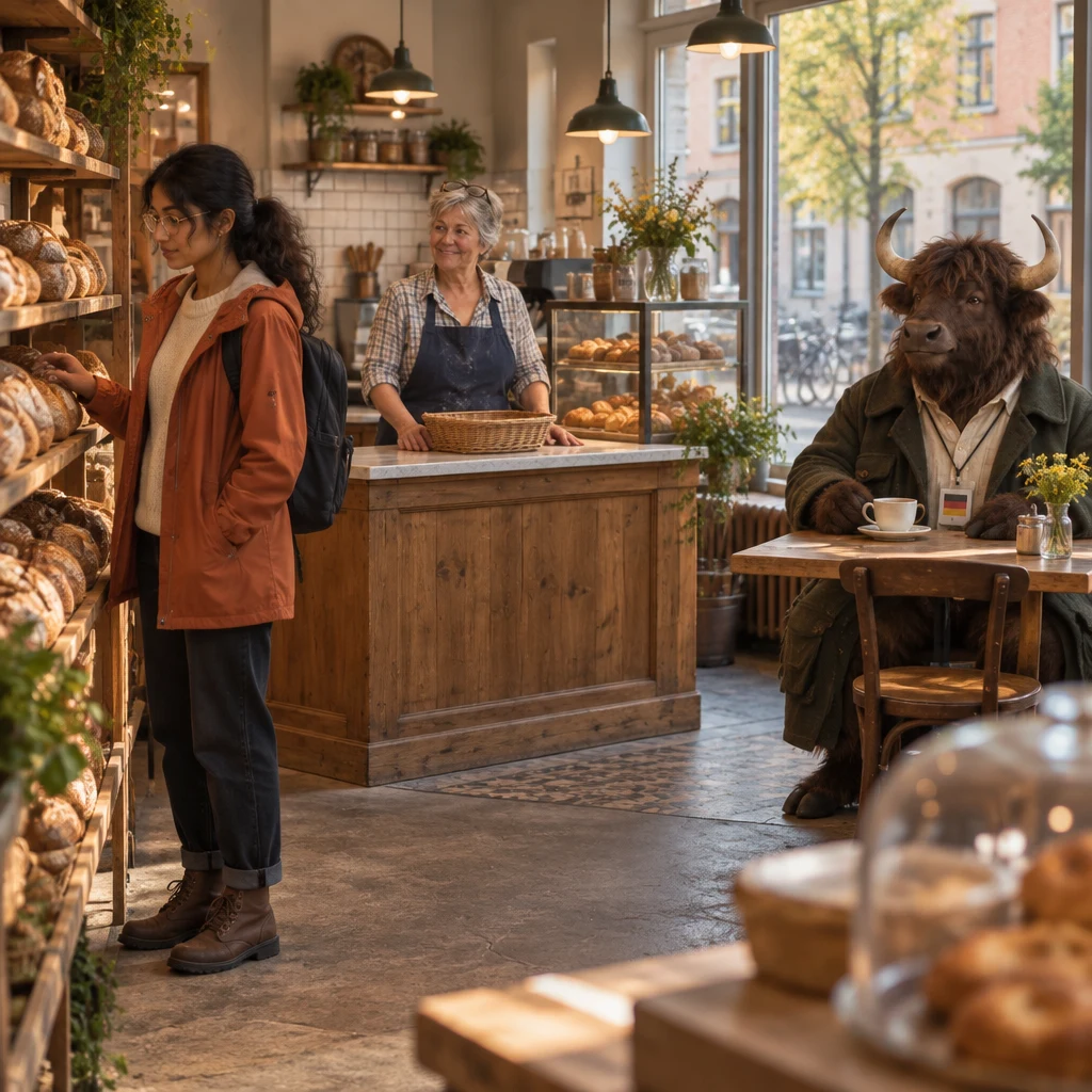 Priya counts at the bread shelf while Renate looks up from the counter and Anton sits at the corner table with his unfinished coffee.
