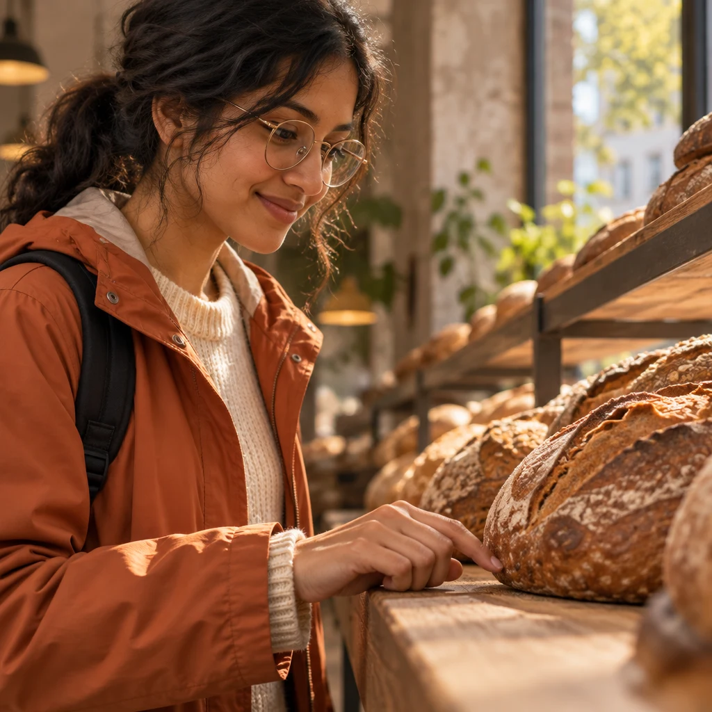 Priya touches the first loaves at the near end of the shelf as she counts.