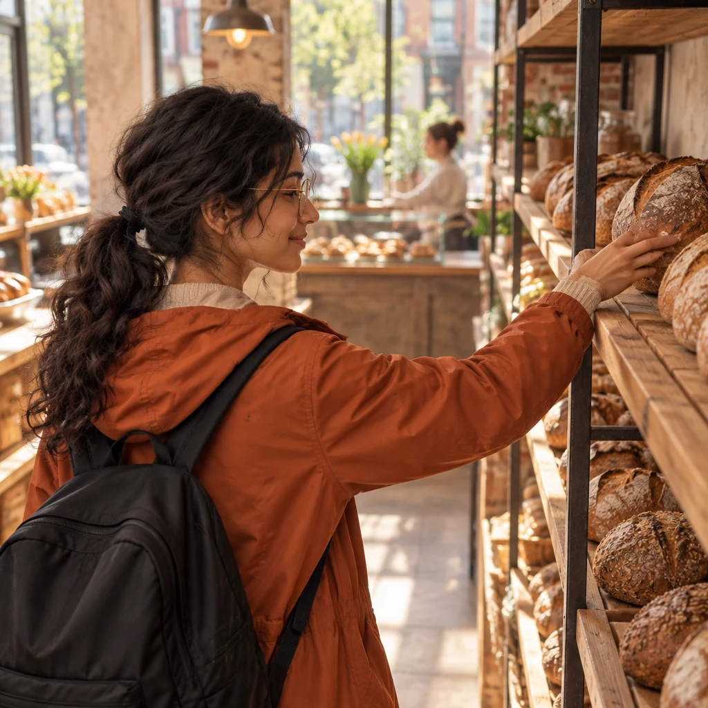 Priya reaches toward the far end of the bread shelf to continue counting.